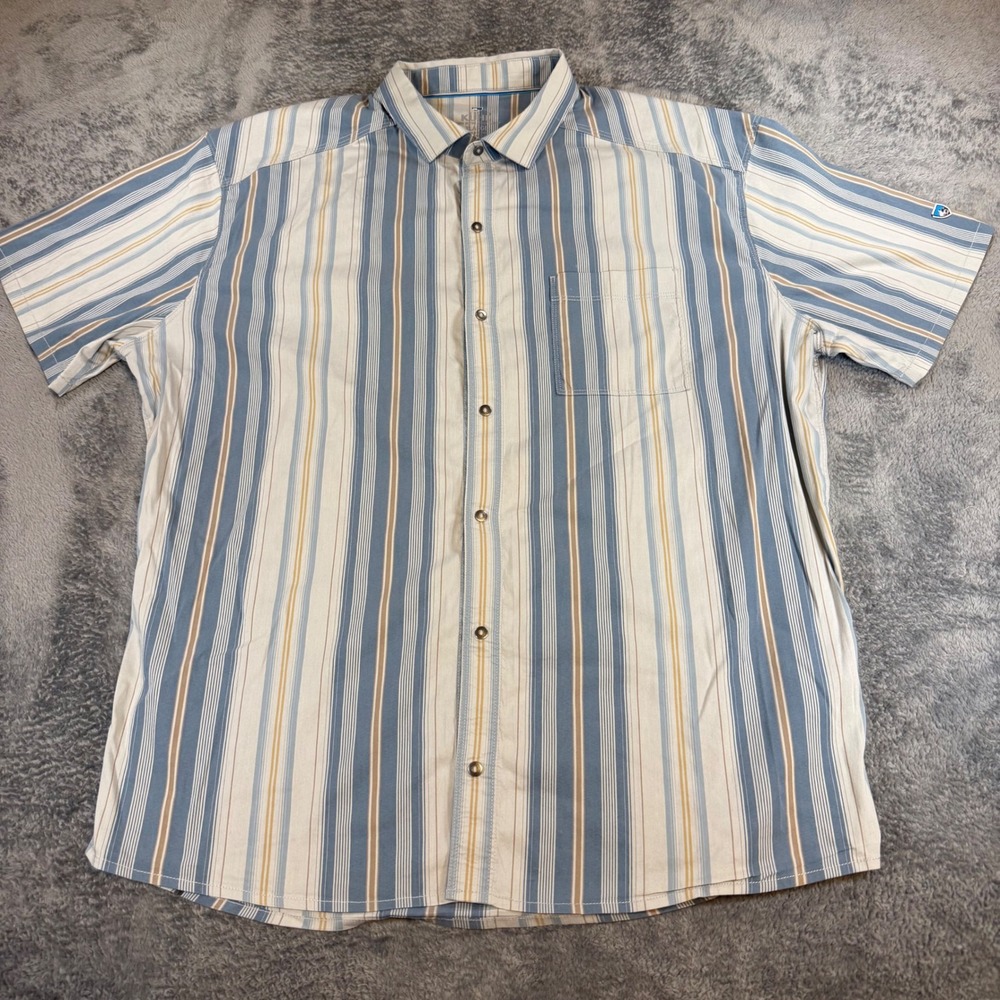 KUHL Mens XL Short Sleeve Button‎ Down Shirt Blue Tan Striped Stretch